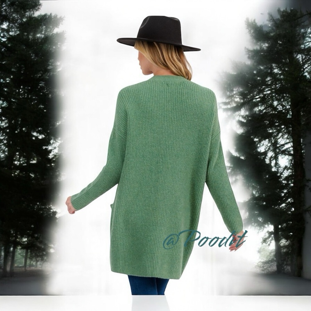 TRES CHIC Gorgeous green ribbed open front part wool cardigan S M L - Picture 7 of 9